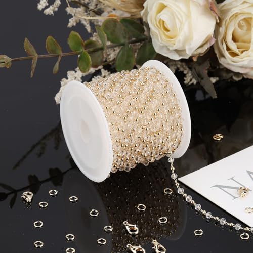 SMYHTGLIF 16.4 Feet Clear Crystal Chain for Jewelry Making Gold Plated Brass Bead Jewelry Making Chains Permanent Jewelry Findings - color: Transparent