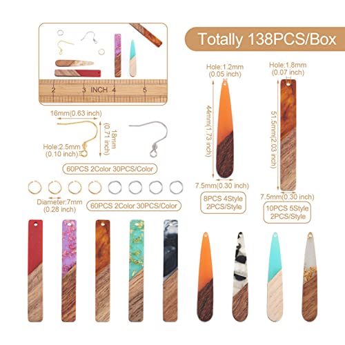 FASHEWELRY 18Pcs Wood Resin Earrings Charms Long Drop & Bar Shape Wooden Earring Blanks Earring Findings for Earrings Jewelry Making Kit with 120Pcs Earring Hooks & Jump Rings - color: 0Long Drop & Bar