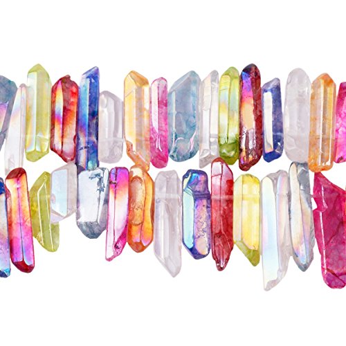 rockcloud Natural Rock Crystal Points Titanium Coated Clear Quartz Sticks Spikes Top Drilled 15 inch Strand,Colorful - color: #11-Colorful(Polished)