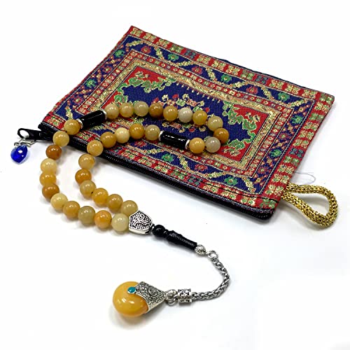 Simple Designed Natural Stone Worry Beads - Prayer Beads Tesbih-Tasbih-Tasbeeh-Misbaha-Subha-Sebha-Sibha-Rosary (Yellow Jade Natural Stone -8 mm 33- Beads/Drop Tassel) - color: Yellow Jade Natural Stone -8 mm 33- Beads / Drop Tassel