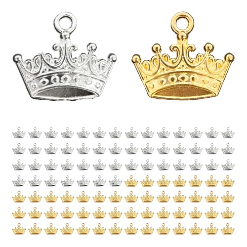pson 100PCS Crown Charms Pendants, Vintage Mini Queen Crown Connector with Crystal Rhinestones, 3D Royal Tiara Charm for DIY Jewelry Making, Necklace Bracelet Craft - color: Silver & Gold