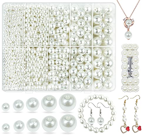 White Pearl Beads for Jewelry Making, Wavlakth 1750pcs Ivory Pearl Craft Bead with Hole 4mm 6mm 8mm 10mm 12mm Loose Spacer Bead for Necklace Bracelet Earrings Ring Choker Wedding Dress Decor (Ivory) - color: Ivory