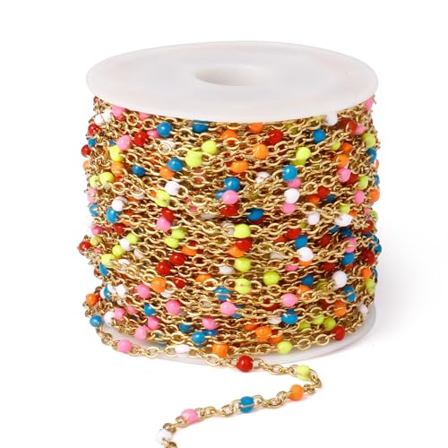 33 Feet Gold Enamel Chains Bulk, 2mm 18K Gold PVD Plated 304 Stainless Steel Colorful Enamel Beaded Cable Link Chain Roll Spool for Jewelry Making - color: Gold Colorful Beads