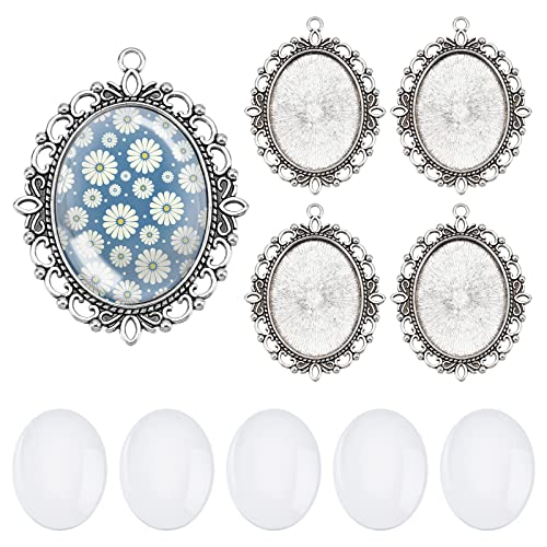 PH PandaHall Pendant Trays Set Wedding Bouquet Photo Charms Antique Silver Memory Charm Pendant Bezels Cabochon Blanks Settings 30x40mm Oval Glass Cabochon for Jewelry Making Wedding Graduation 5Sets - color: Antique Silver Oval - 5 Sets