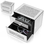 Kenning Silver Jewelry Box 2 Layer Glass Box for Women Mother's Day Crystal Jewelry Organizer Storage Luxury Necklaces Earrings Rings Bracelets Organizer for Mom Gift Decoration
