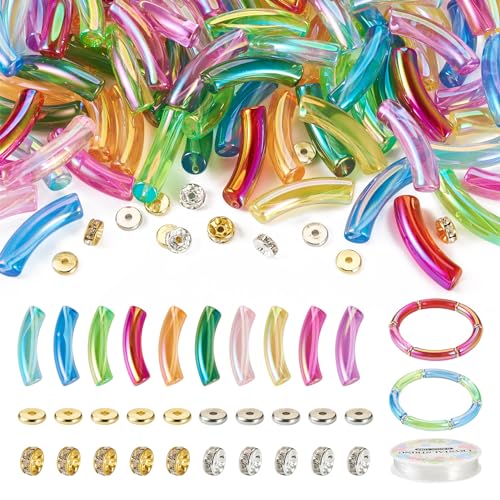 Spritewelry 140 pcs Acrylic Curved Tube Beads for Bracelets Brass Disc Beads Rhinestone Spacer Beads with Elastic Strings Chunky Bamboo Tube Beads Bangle Acrylic Beads for Jewelry Making - color: Colorful-AB colors