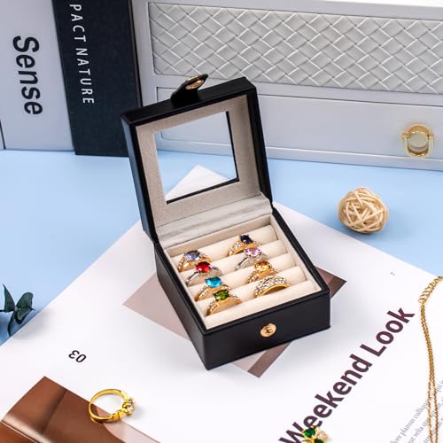 Small Leather Jewelry Box with Glass Top Mini Ring Display Case with 4 Slots for Selling Gift for Girls and Women (Black) - color: Black
