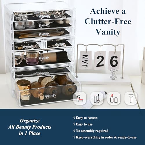 Sea Team 3-Tier Stackable Clear Makeup Organizer with Drawers, Acrylic Plastic Cosmetic Display Case, Jewelry Storage Box, Holder for Dresser, Bathroom, Vanity, Countertop (8 Drawers) - size: 3-Tier, 8 Drawers