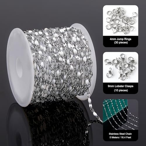 UMAOKANG 16.4 Feet White Enamel Chain for Jewelry Making Stainless Steel Lip Chains Bulk on Spool - color: Steel-White