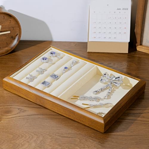 2 In 1 Solid Wood Jewelry Tray Microfiber Ring Earring Bracelet Bangle Watch Necklace Stackable Drawer Organizer for Storage Display (Cream White) - style: 2 Grid