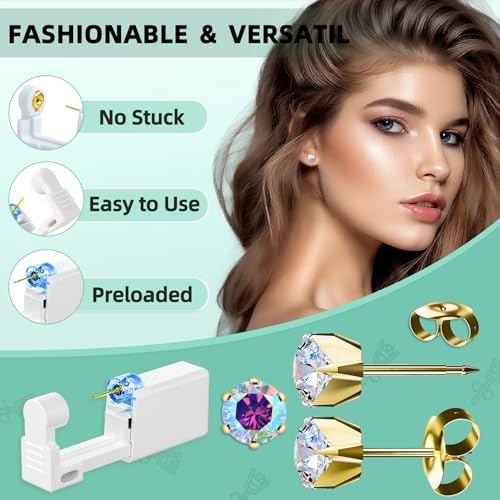 Nunpag 12 Pcs Ear Piercing Kit Disposable Ear Piercing Gun Kit with 4 Pcs 6 Prong Setting Cubic Zirconia Earrings Stud 316L Stainless Steel Easy to Use at Home Self Ear Piercer Gun Kit Tool - color: Gold-Rainbow