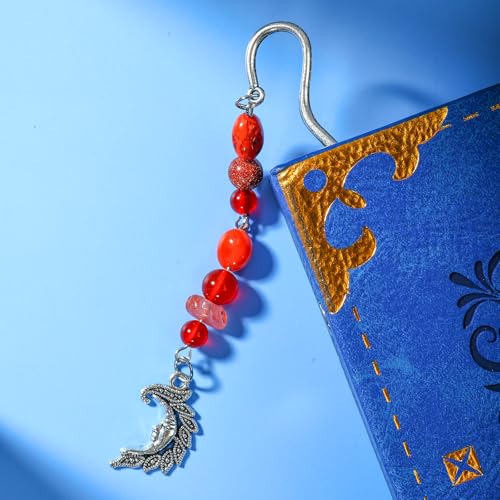 Vintage Metal Moon Bookmark Pendant with Natural Crystal Bead Chain–Elegant Bookmarks for Women,Men,Book Lovers,Teachers and Students(Red Crystal) - style: Sleep face