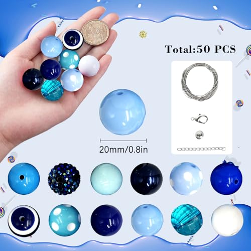 50Pcs Chunky Bubblegum Beads, 20mm Chunky Bubble Gum Beads for DIY Beadable Pens Bracelets Necklaces Pearl Beaded Craft Jewelry Making (Blue) - color: Blue