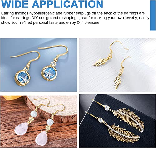 925 Sterling Gold Earring Hooks 120 PCS/60 Pairs, Ear Wires Fish Hooks, Hypo-allergenic Jewelry Findings Parts with 120 PCS Clear Silicone Earring Backs Stoppers - size: 120pcs-Gold