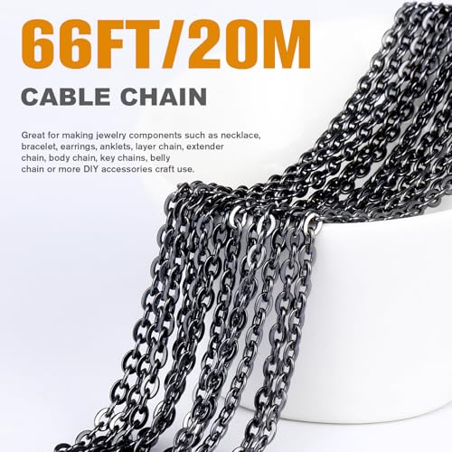 66 Feet Gunmetal Stainless Steel Cable Chains Bulk, 1.5mm 304 Stainless Steel Black Flat Cable Links Chain Roll Spool for Jewelry Making DIY Craft - color: Black, size: 1.5mm width