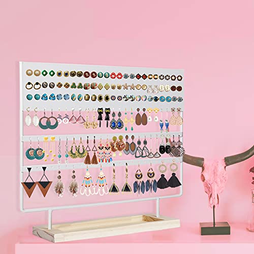 Earring Holder Organizer Stand - Earrings Display Rack 144 Holes Jewelry Holder Tower with Wooden Tray for Earrings Rings White - color: White