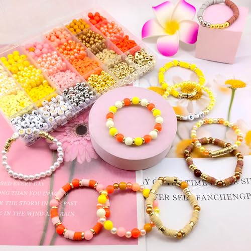 2220Pcs Fall Bracelets Beads Kit, Thanksgiving Fall Beads for Jewelry Making Autumn Yellow Orange Clay Beads Pearl Beads Round Loose Spacer Beads Heishi Beads Bulk for Necklace Earrings DIY Craft - color: Yellow