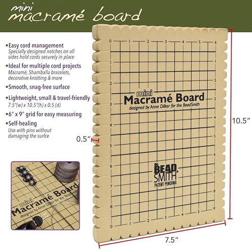 The Beadsmith Mini Macrame Board, 7.5 x 10.5 inches, 0.5-inch-Thick Foam, 6 x 9 Grid for Measuring, Bracelet Project with Instructions Included, Create Macrame and Knotting Creations - size: 7.5 Inches X 10.5