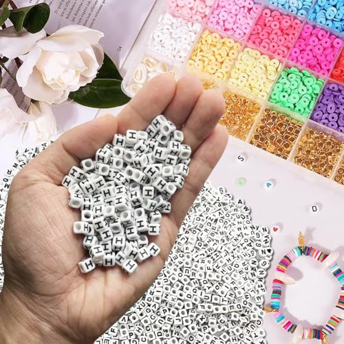 600PCS 6x6mm Square Acrylic Letter Beads H for Friendship Bracelets Jewelry Making, White Acrylic Cube Base with Black Alphabet Beads for DIY Crafts Bracelets Necklaces Key Chains Phone Lanyard - color: Letter H(Black on White)