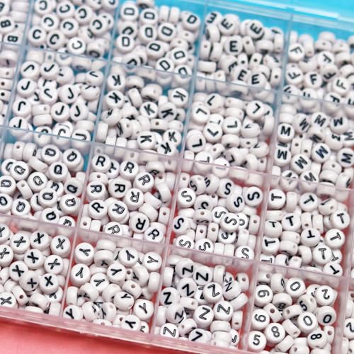 Melius 1450Pcs Acrylic Letter and Number Beads, 4x7mm Alphabetical Flat Round Alphabet Beads in 28 Grid Box for Bracelets, DIY Crafts - color: White-Number, size: 4x7mm