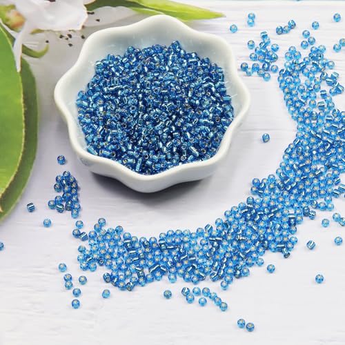 Transparent Blue with Silver Lined Beads Size 8/0 Crafts Glass Seed Beads 3mm for Jewelry Making (Total About 100g About 3600pcs) - color: Transparent Blue with Silver Lined, size: 3mm