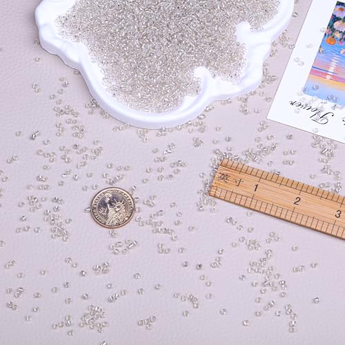 8/0 Glass Seed Beads Bulk, Clear Silver White 3mm Tiny Round Craft Seed Bead, Small Mini Pony Beads for Jewelry Making Bracelet Necklace Wrist Beading Weaving Supplies, 2500pcs - color: CLear Silver White