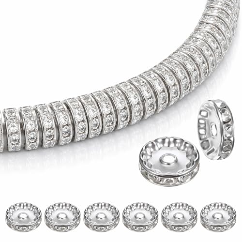 SULIKJHUI 150 Pcs Spacer Beads 12mm, Silver Spacer Beads for Bracelets, Jewelry Making, 2.5mm Hole & 3mm Height, Iron with Rhinestones (0.47 Inch Outer Diameter) - color: Silver