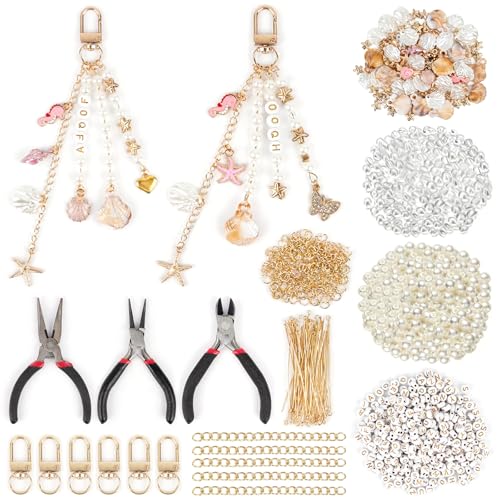 Supkiir 778 Pcs Seashell Keychain Making Kit, Ocean DIY Craft Keychain Supplies with 3 Jewelry Plier, Seashell Bag Charm Sea Horse Starfish Charm Iron Clasp Chain for Oceanic Purse Charms