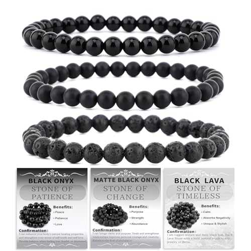 2/3-Pieces 4mm 6mm 8mm Natural Crystal Gemstone – Handmade Reiki Energy Healing Stretch Bracelets Jewelry for Yoga, Meditation, Unisex - color: 3 Pieces (BlackLava&BlackOnyx&MatteBlackAgate), size: 6mm