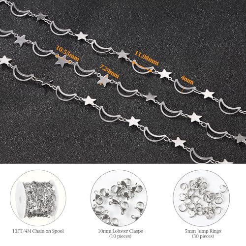 KYUNHOO 13 Feet Stainless Steel Chain for Jewelry Making Silver Moon Star Links Chain Roll with Lobster Clasps and Jump Rings - color: Star Silver