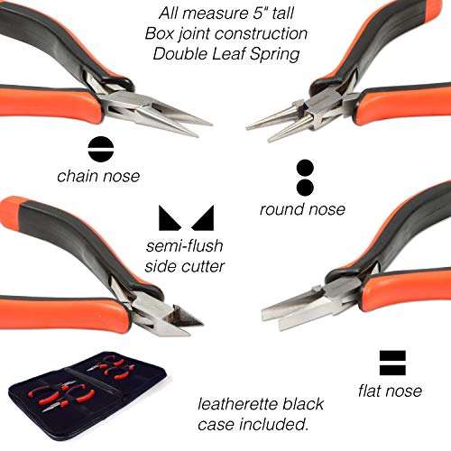 The Beadsmith Ergonomic Pliers Set – Extra Fine Tips – 5 Inches, 4-Pieces: Round Nose, Chain Nose, Flat Nose & Semi-flush Side Cutter – Leatherette Carrying Case Included – Tools for Jewelry Making - size: 4-piece Set - 5"