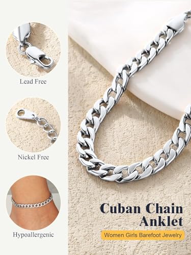 U7 Women Girls Barefoot Jewelry 18K Gold or Rose Gold Stainless Steel Heart/Rope/Figaro/Cuban Chain Anklet Foot Bracelet, 25-30 CM Long - color: Platinum Plated-5mm-Cuban Chain