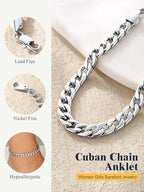 U7 Women Girls Barefoot Jewelry 18K Gold or Rose Gold Stainless Steel Heart/Rope/Figaro/Cuban Chain Anklet Foot Bracelet, 25-30 CM Long - color: Platinum Plated-5mm-Cuban Chain