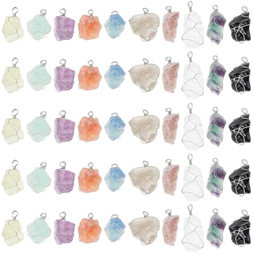 SUPERFINDINGS 50Pcs 10 Colors Natural Crystal Stone Pendant 4cm/1.6" Chakra Crystal Stone Charm Silver Plated Wire Wrapped Quartz Gemstone Charms Irregular Gemstone Charm for DIY Jewelry Making Crafts