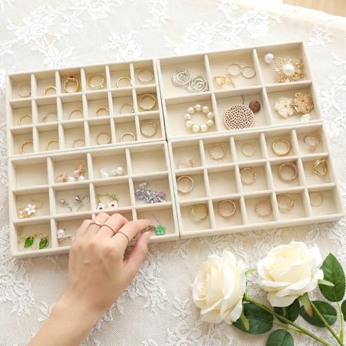 12 Pcs Velvet Jewelry Organizer Trays Set, 4 Styles Stackable Drawer Organizer with Removable Dividers, Storage and Display for Earrings, Necklaces, Bracelets, Rings, Vanity Dresser Storage Box, Beige