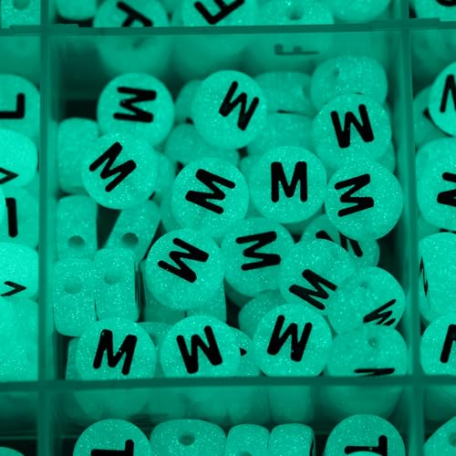 Melius 1450Pcs Acrylic Glow Letter Beads, Alphabetical Glowing in The Dark Beads in 28 Grid Box for Jewelry Making, DIY Bracelets, Necklaces, Key Chains (Glowing, 4x7mm) - color: Glowing, size: 4x7mm