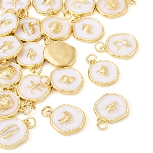Craftdady Golden Plated Enamel Pendants White Oval Flat Round Dangle Charms for DIY Earrings Necklace Bracelet Making - color: 18K Gold Plated Ocean Aniamls-10 Style