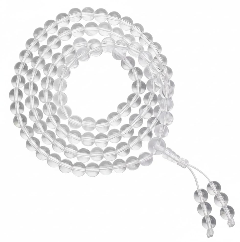 108 Clear Quartz Crystal Beads 8mm Mala Bracelet, Healing Stone Prayer Beads for Meditation Yoga Chakra Balancing - color: transparent
