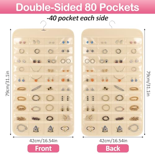 1 Pack Hanging Jewelry Organizer, 80 Clear Pockets earring organizer and storage, Accessories holder organizer for Closet, Jewelries, Necklace, Travel - color: Beige