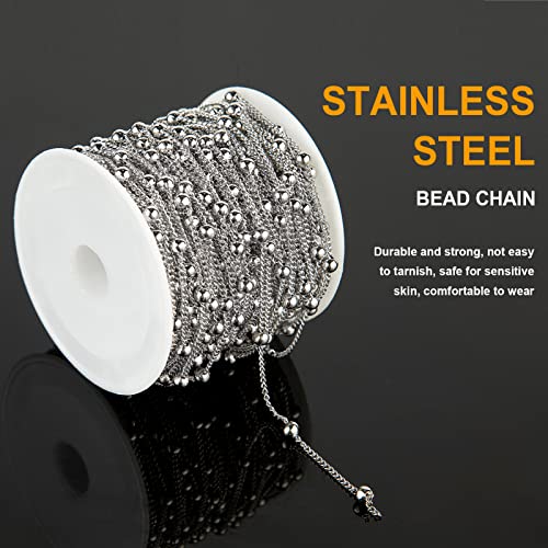 KYUNHOO 32.8 Feet/10M Silver Satellite Bead Chain 304 Stainless Steel Chain for Jewelry Making Women Necklace Chain Bulk DIY Crafts Jewelry Supplies with Lobster Clasps and Jump Rings - color: Bead Silver