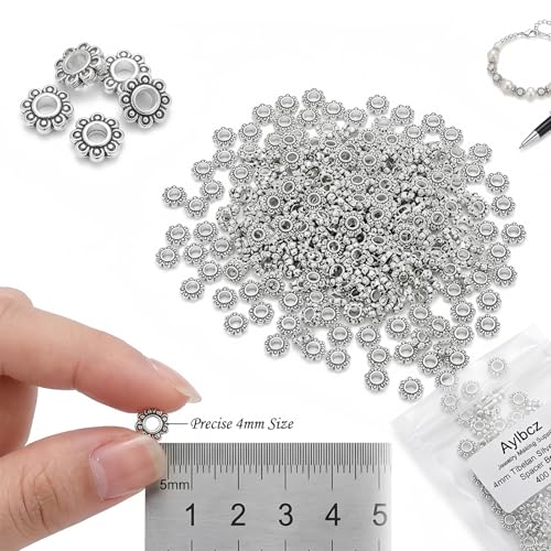 400 PCS Flower Spacer Beads Tibetan Silver 4mm Daisy Flower Thin Rondelle Spacer Bead Flat Bead Caps for Bracelet Necklace Jewelry Making