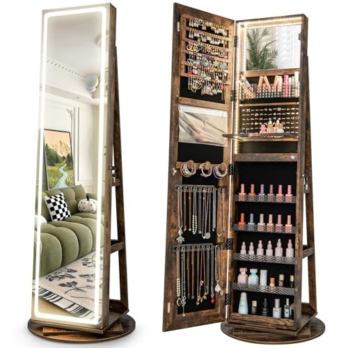 CHARMAID 360° Rotating Jewelry Armoire with LED Lighted Full Length Mirror & Built-in Vanity Mirror, Lockable Standing Jewelry Cabinet with Lights, Large Storage Organizer for Jewelry (Rustic Brown) - color: Rustic Brown, size: 63"H