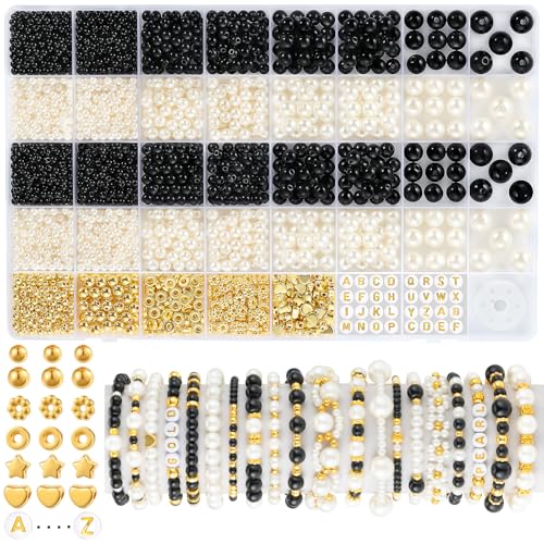 2230pcs Black and White Pearl Beads, 5 Sizes Round Pearls Beads for Jewelry Making Bracelets, Small Black Pearls with Gold Spacer Bead Letter Bead for Crafts Necklaces Earrings DIY - color: 2.White and Black