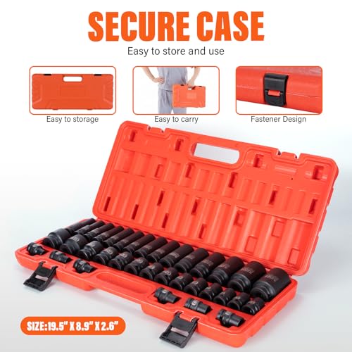 1/2 Drive Impact Socket Set, 35 PCS Metric Shallow (8mm-32mm) & Deep (10-32mm) Sizes, 6 Point, CR-MO Alloy Steel Axle Nut Socket for Auto Repair - size: 1/2" Deep&standard 35pc