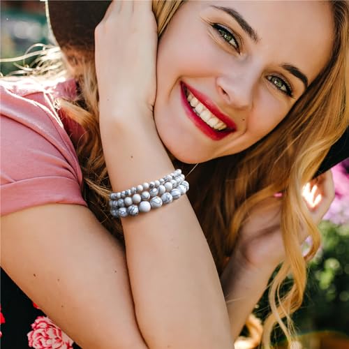 3 PCS Healing Crystal Bracelets for Women 8mm Natural Stone Beaded Stretch Bracelet Amethyst Jewelry Gifts - color: 4,6,8mm Howlite