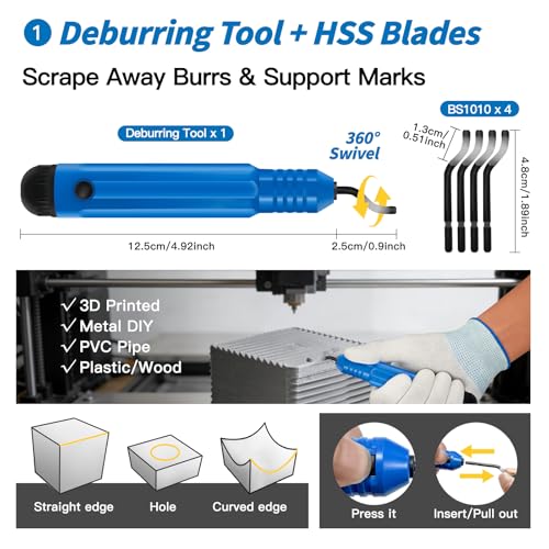 Deburring Tool 3D Printing, 3D Printer Deburring Tool with 4 Blades for Metal, Plastic, Resin/PLA – Includes Flush Cutter, Sanding Sponge, Sand Paper, Tweezers, Cleaning Brushes & Diamond Files