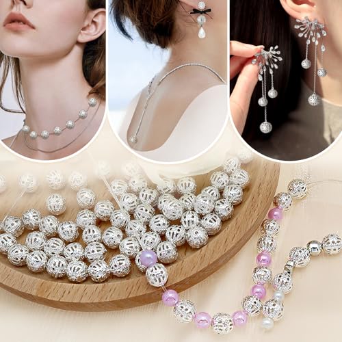 TOAOB 100pcs 12mm Silver Filigree Hollower Ball Beads Round Metal Loose Spacer Beads for DIY Crafts Bracelets Necklaces Earrings Jewelry Making - color: Silver, size: 12mm