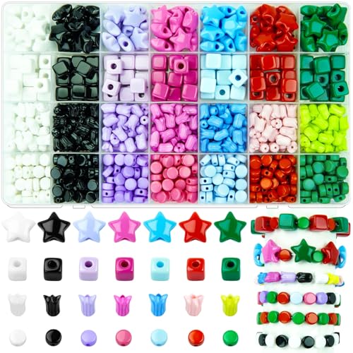 833PCs DIY Beads Kit for Jewelry Making, Assorted Acrylic Star Cube Rose Flat Round Beads for Bracelets, Earrings, Necklaces, DIY Crafts, Gift for Women, Adults, Phone Charms - color: Solid