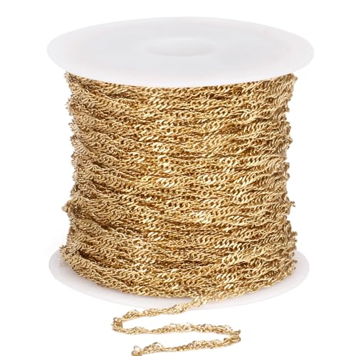 33 Feet 18K Gold PVD Plated Singapore Chains Roll, 1.7mm Width 304 Stainless Steel Gold Twisted Link Chain Bulk Spool for Jewelry Making DIY Craft - color: 1.7MM Gold Color