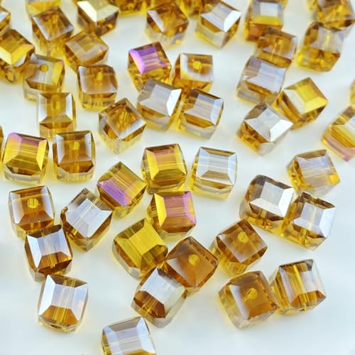 Crystal Glass Beads 100 Pieces 8mm Cube Crystal Glass Beads Faceted Square Shape Spacer Beads for Jewelry Making Bracelet Earring Necklace DIY Craft Making Supplies(Amber AB) - color: Amber AB, size: 8mm